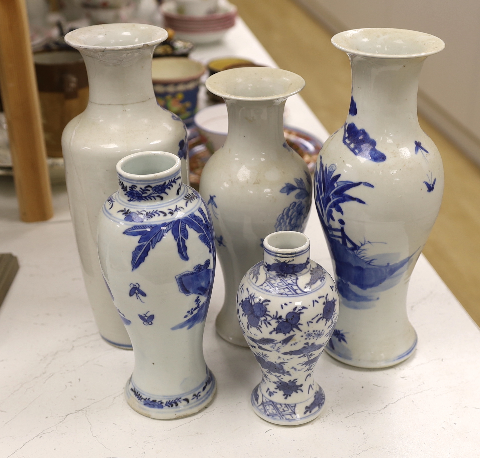 Five assorted 19th century Chinese blue and white vases, tallest 30cm high (a.f.)
